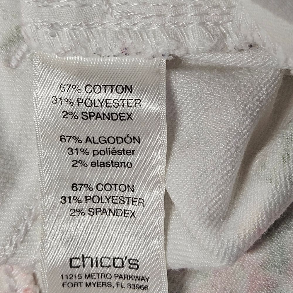 Chico's White Pink Floral Print Cotton Blend Zip Front Belt Loops Ankle Jeans - Picture 11 of 15